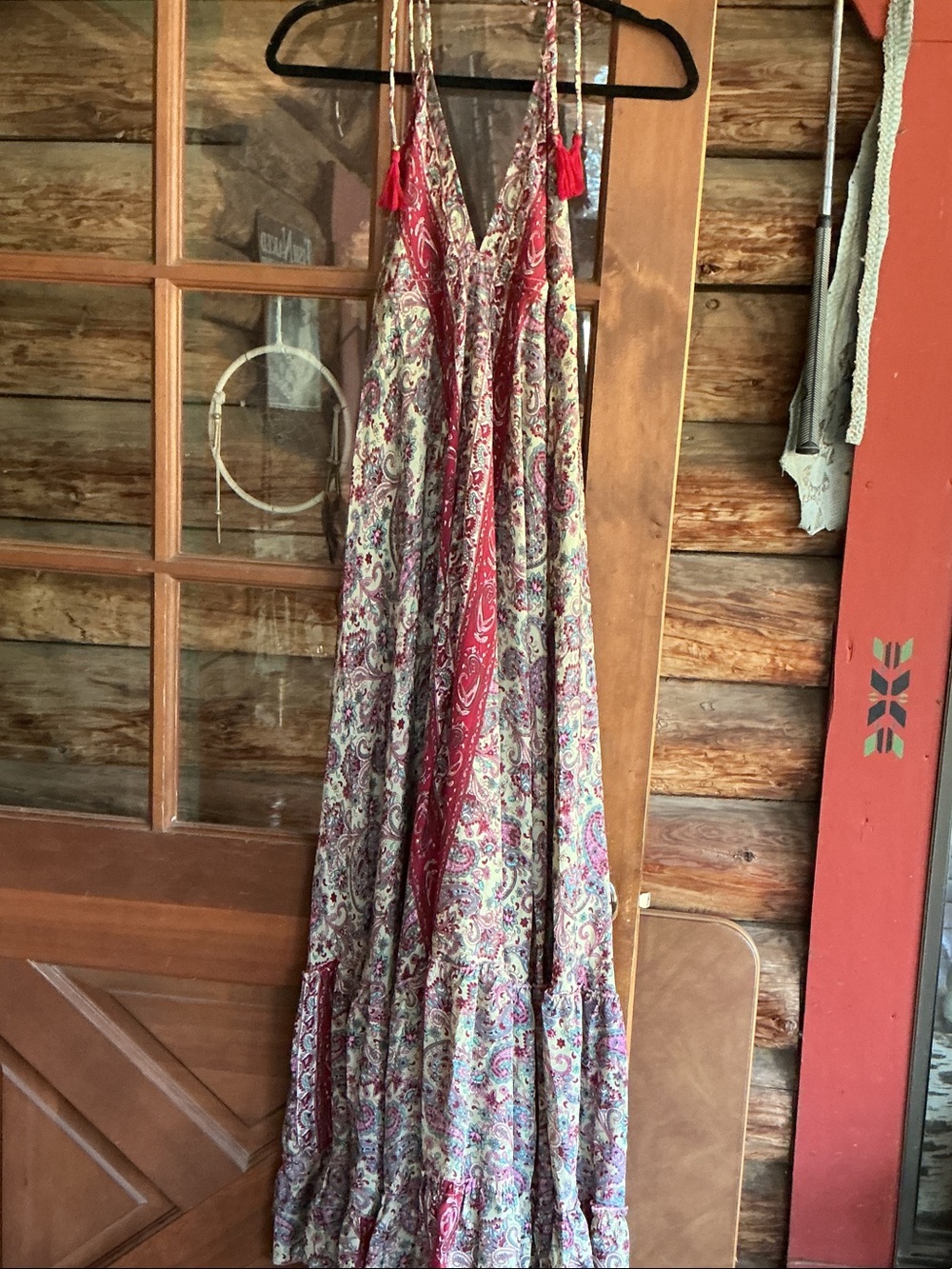 Paisley Red Maxi Dress with Tassel Straps